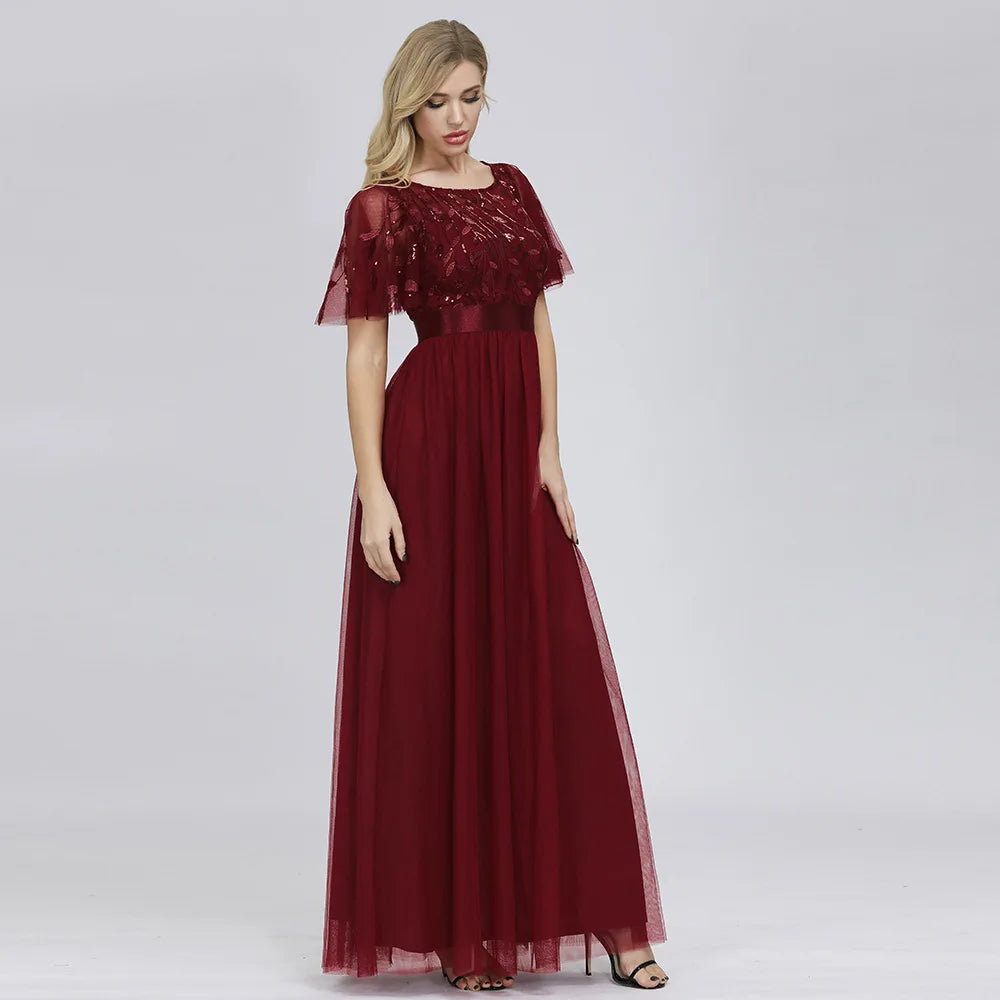 Embroidered Chiffon Flutter Sleeve Maxi Dress