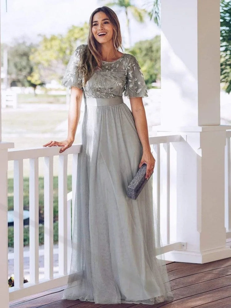Embroidered Chiffon Flutter Sleeve Maxi Dress
