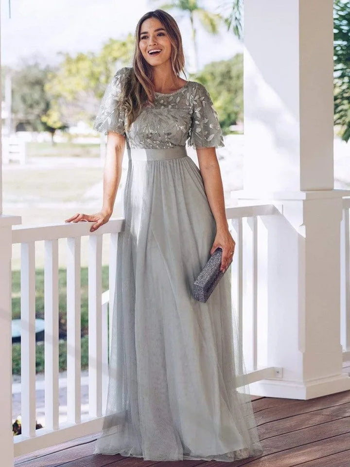 Embroidered Chiffon Flutter Sleeve Maxi Dress
