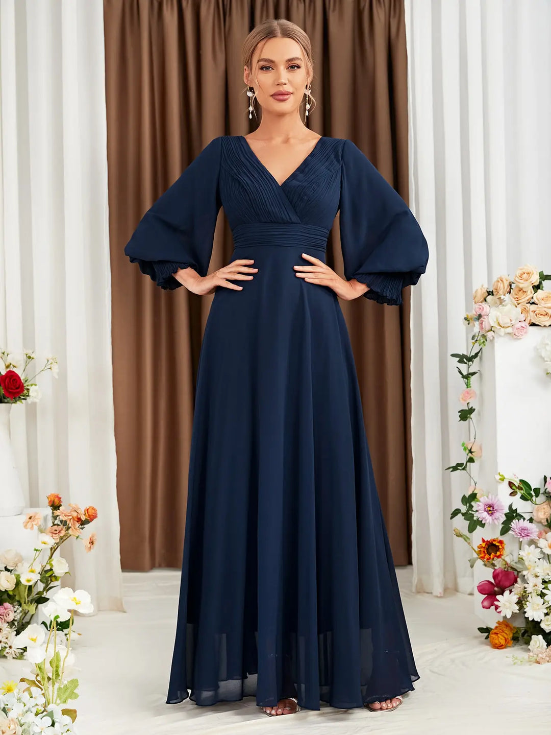 Chiffon Lantern Sleeve Bridesmaid Gown
