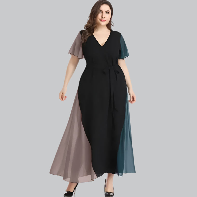 Contrast Chiffon Panel V-Neck Maxi Dress