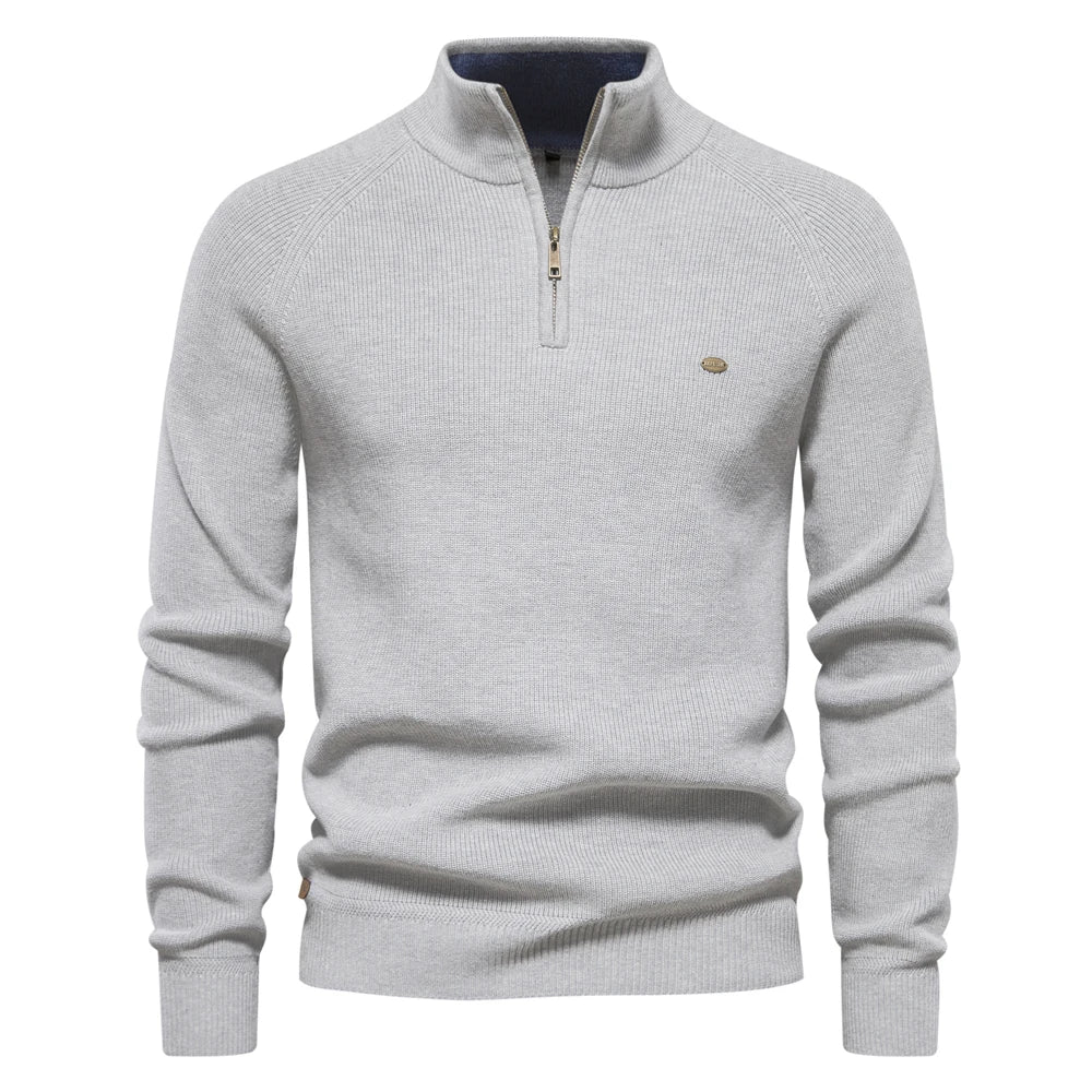 Cotton Zipper High Collar Knitted Sweater