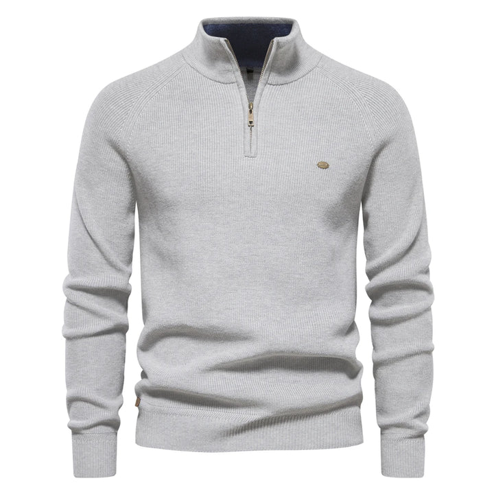 Cotton Zipper High Collar Knitted Sweater