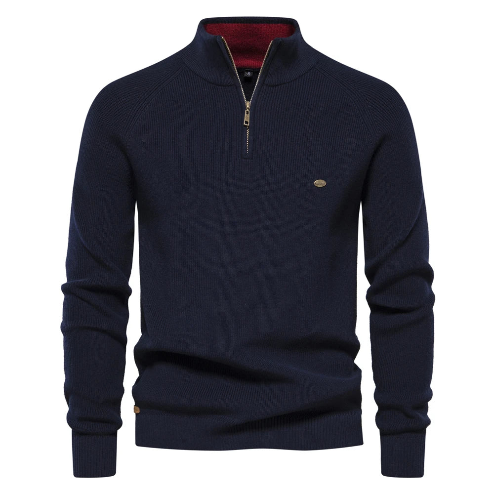 Cotton Zipper High Collar Knitted Sweater