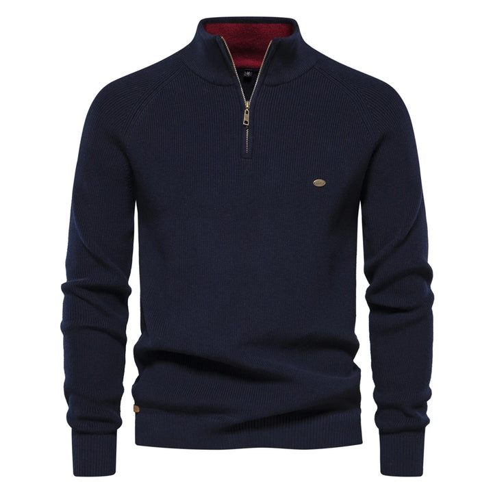Cotton Zipper High Collar Knitted Sweater