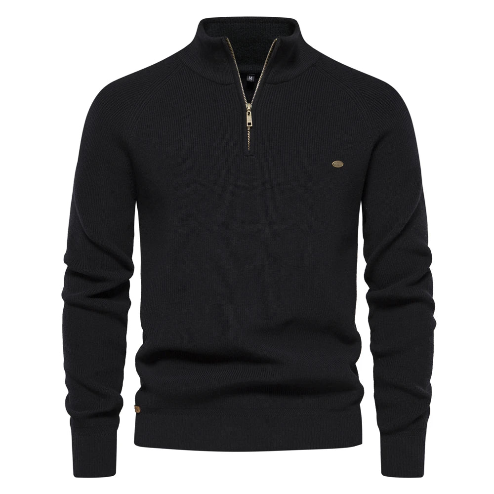 Cotton Zipper High Collar Knitted Sweater
