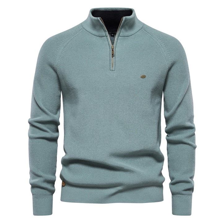 Cotton Zipper High Collar Knitted Sweater