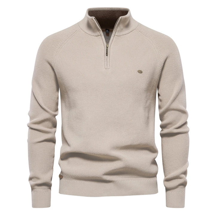Cotton Zipper High Collar Knitted Sweater