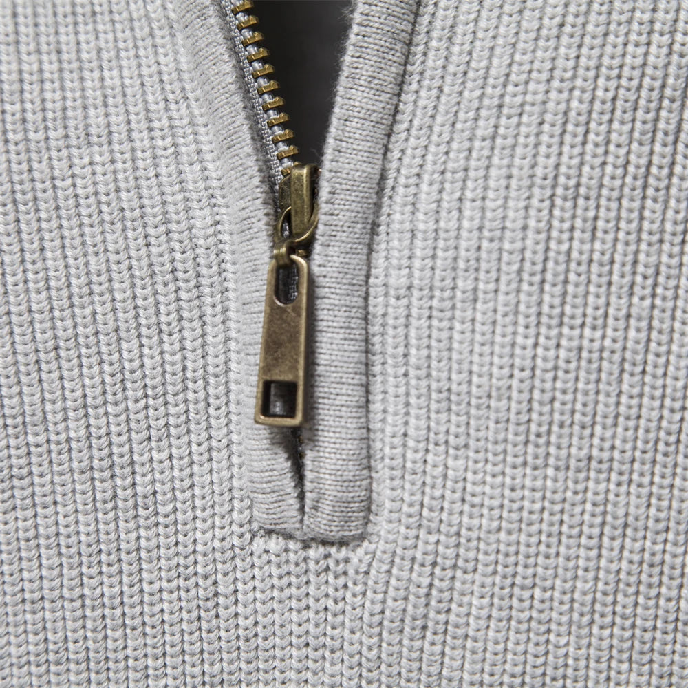 Cotton Zipper High Collar Knitted Sweater