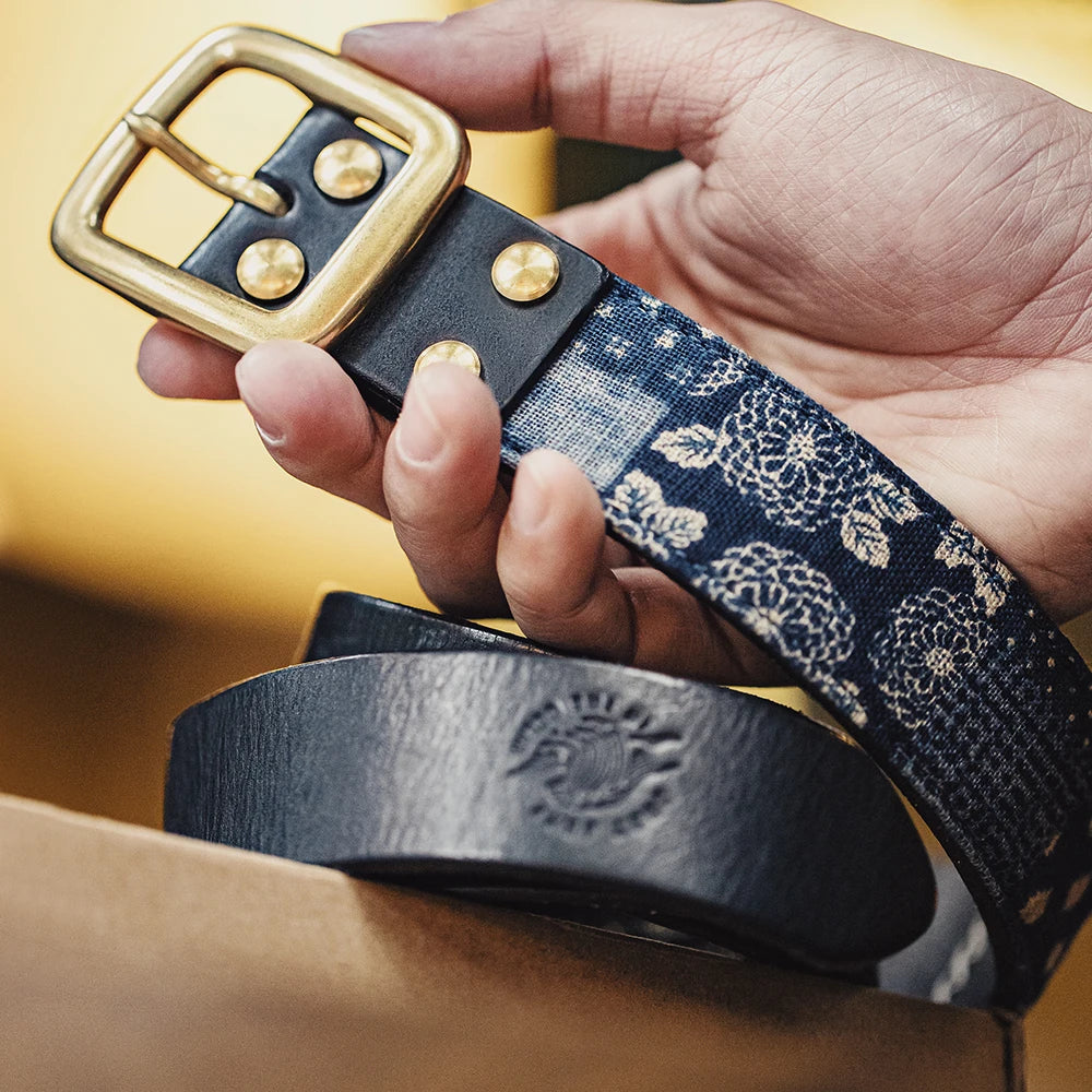 Cowhide Boro Print Retro Leather Belt