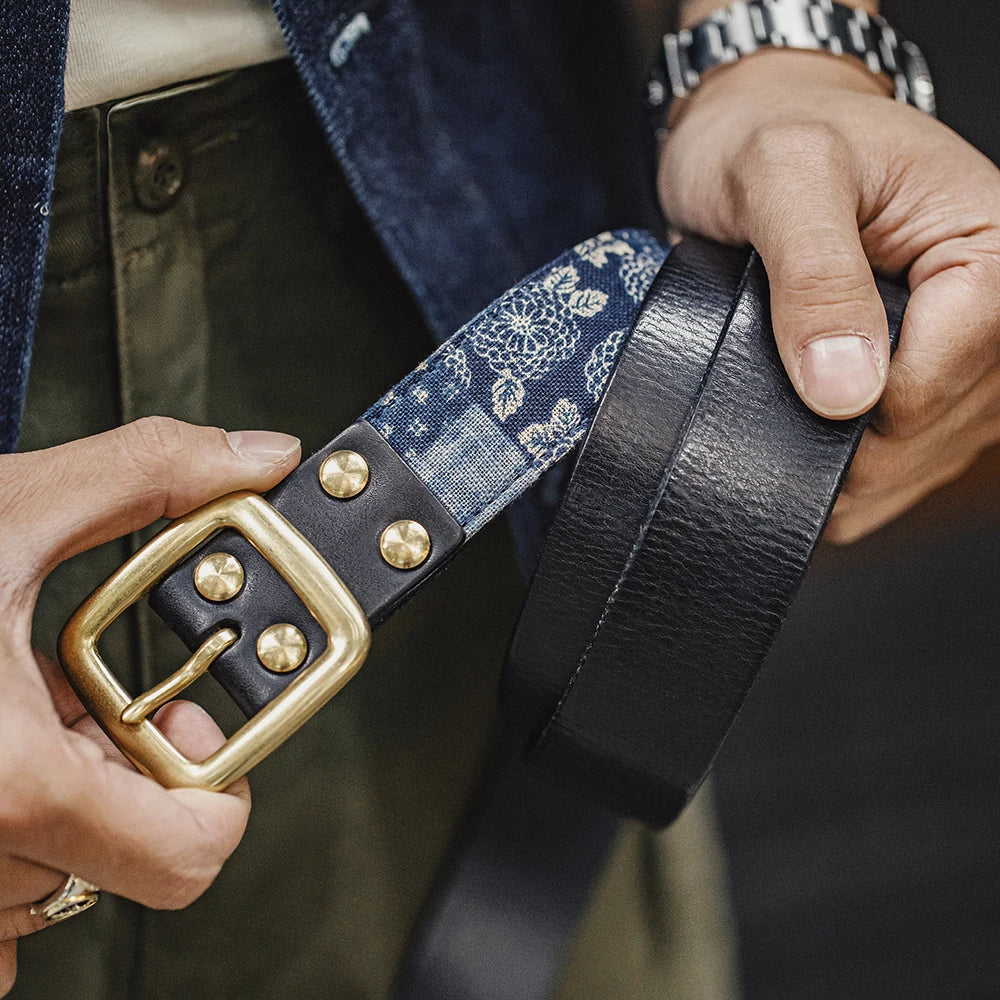 Cowhide Boro Print Retro Leather Belt