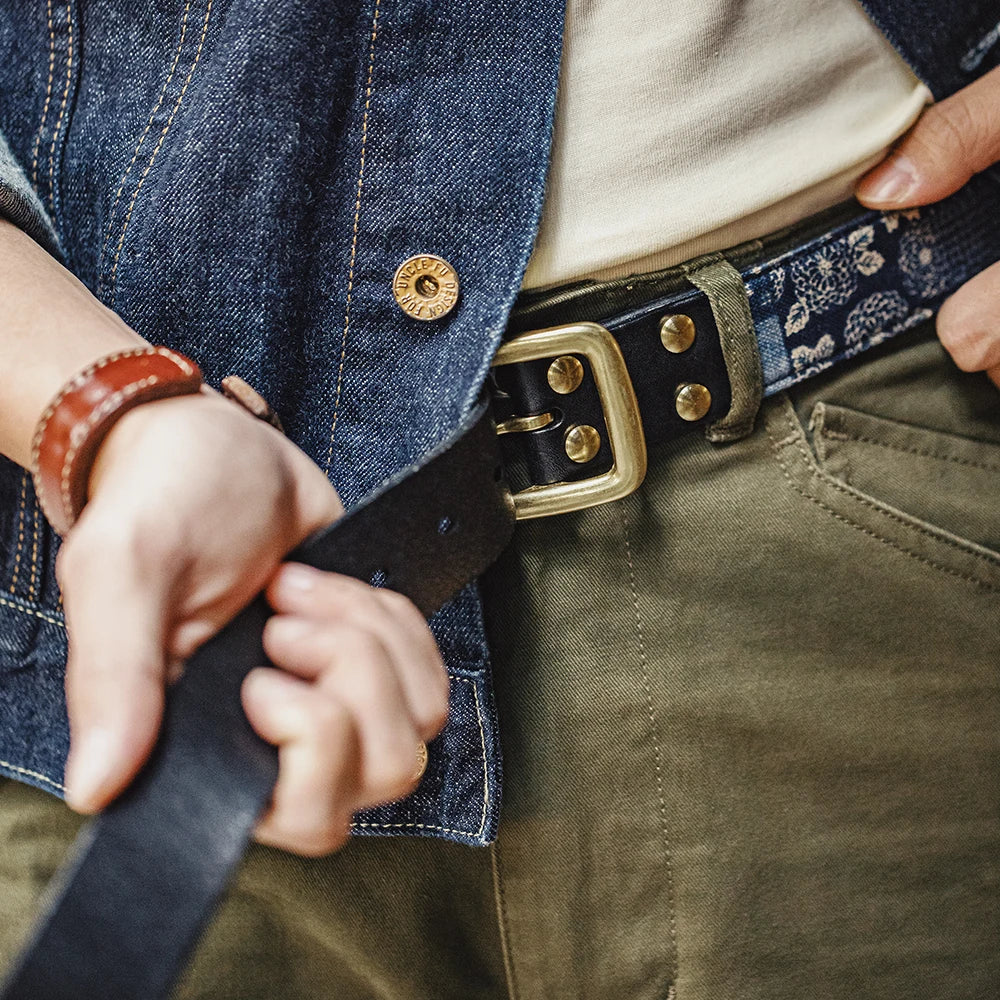 Cowhide Boro Print Retro Leather Belt