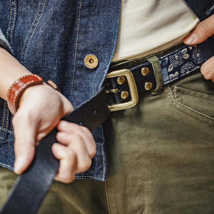 Cowhide Boro Print Retro Leather Belt