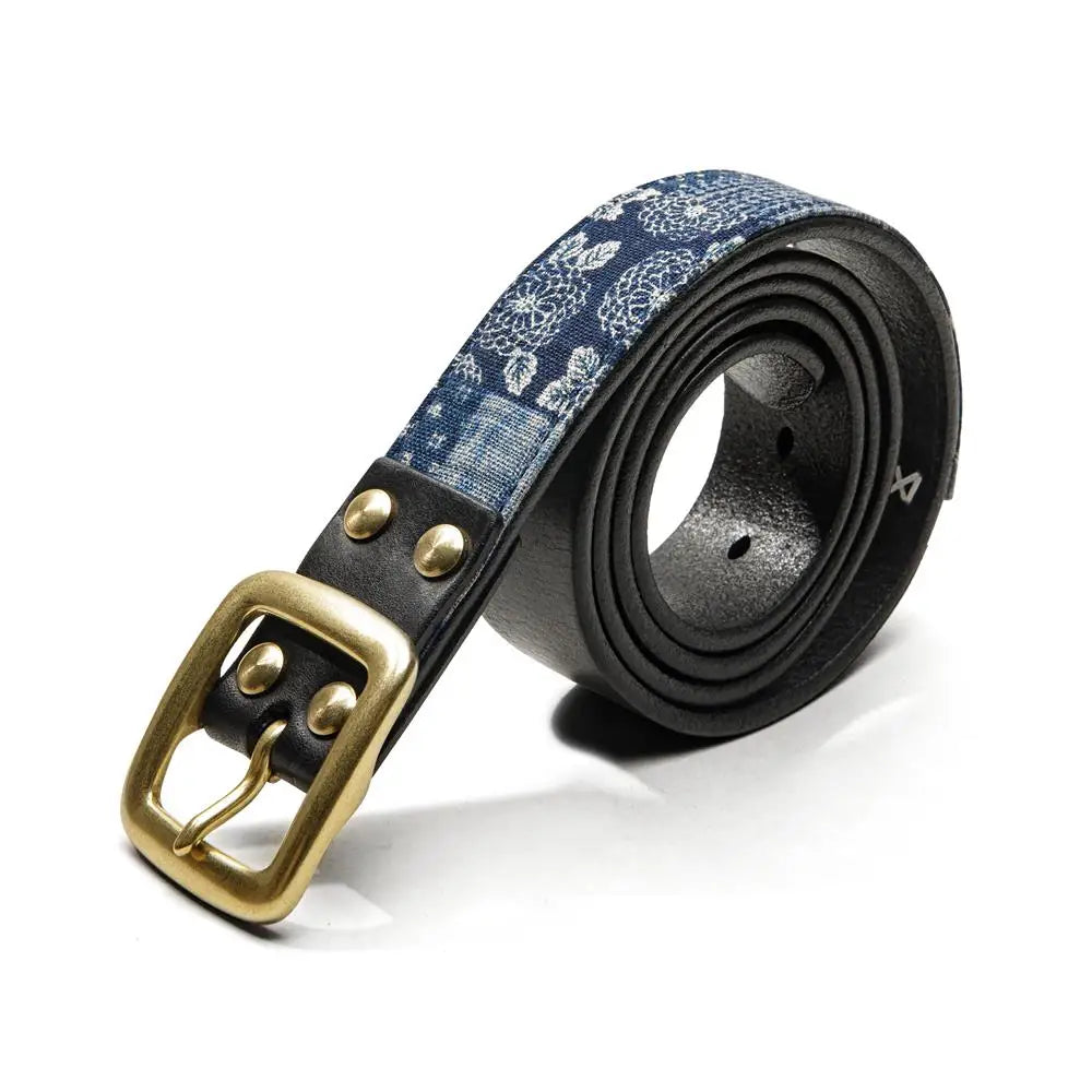 Cowhide Boro Print Retro Leather Belt