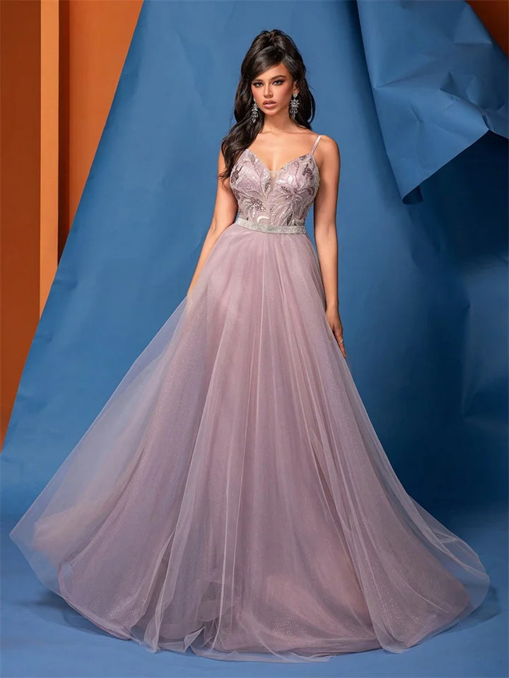  Deep V-Neck Sequin Evening Gown