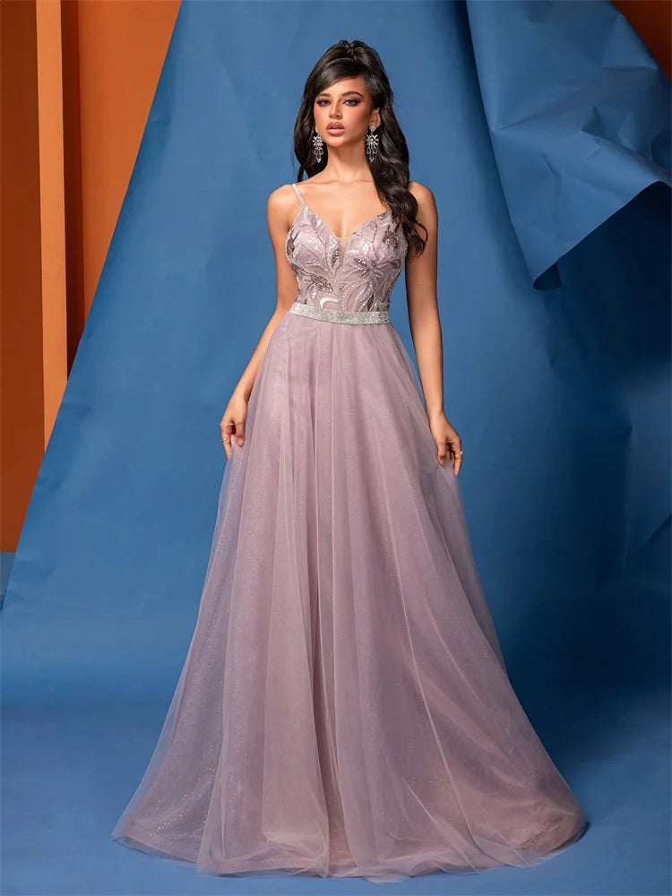  Deep V-Neck Sequin Evening Gown