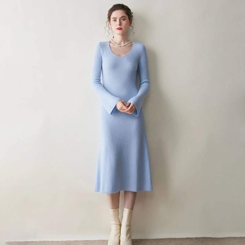 Elegant Cashmere Slim O Neck Dress