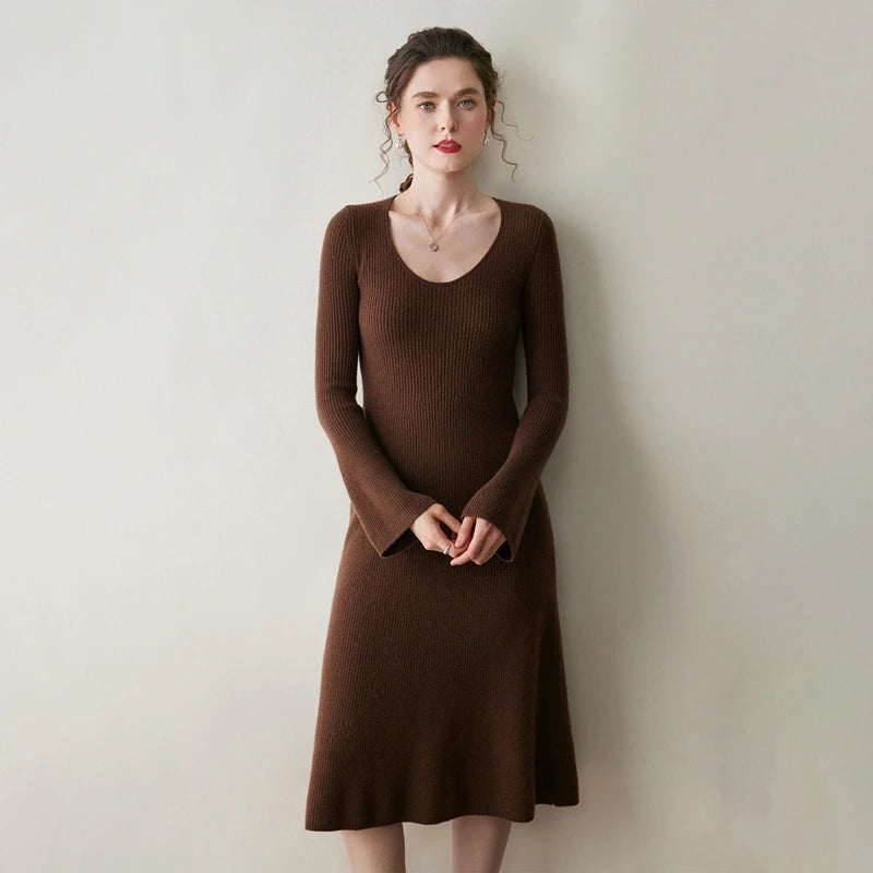 Elegant Cashmere Slim O Neck Dress