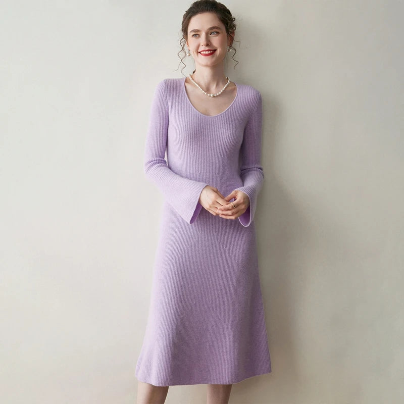 Elegant Cashmere Slim O Neck Dress