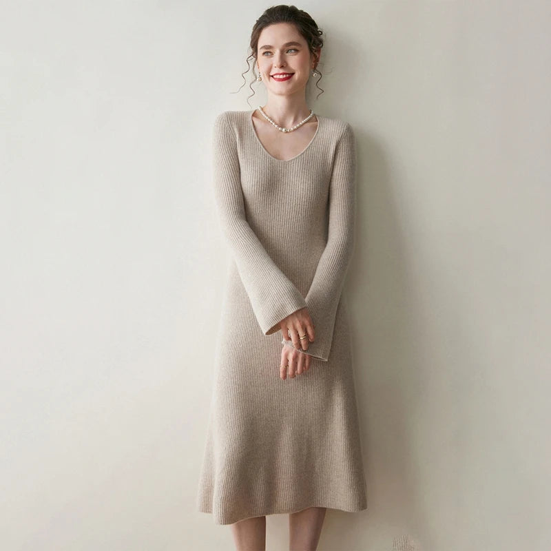 Elegant Cashmere Slim O Neck Dress