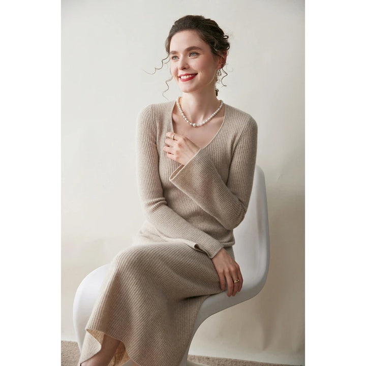 Elegant Cashmere Slim O Neck Dress