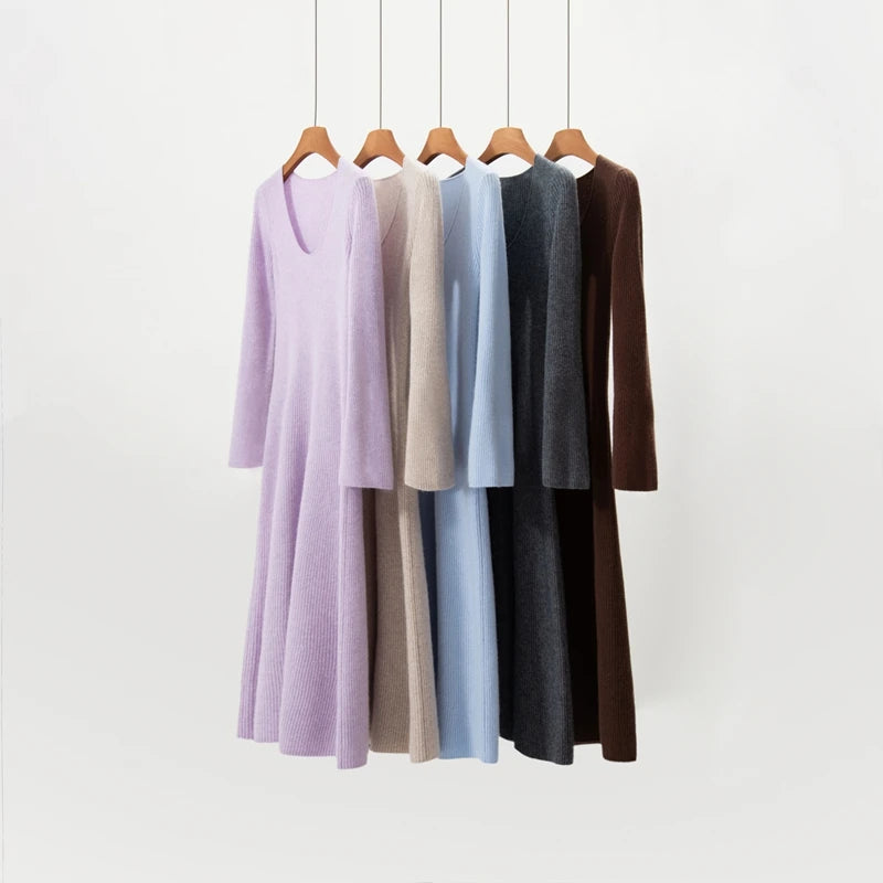 Elegant Cashmere Slim O Neck Dress