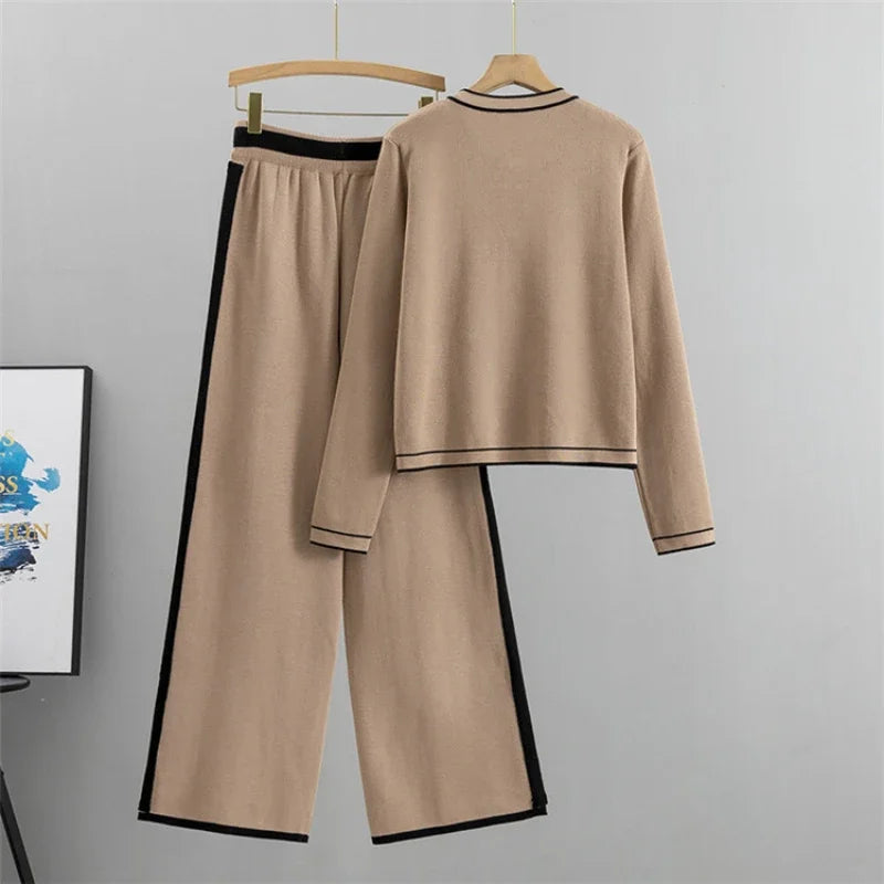 Elegant Contrast Trim Bow Knit Set