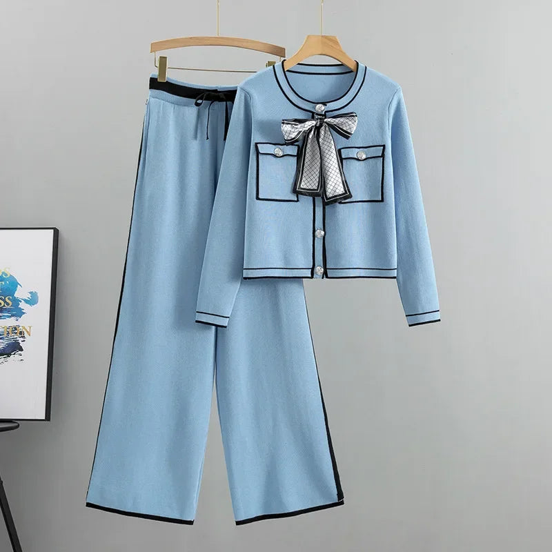 Elegant Contrast Trim Bow Knit Set