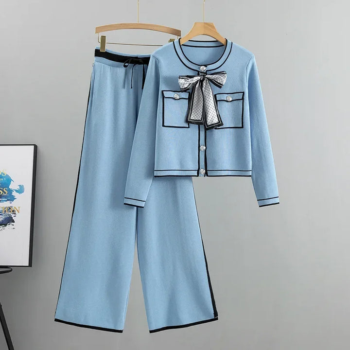 Elegant Contrast Trim Bow Knit Set