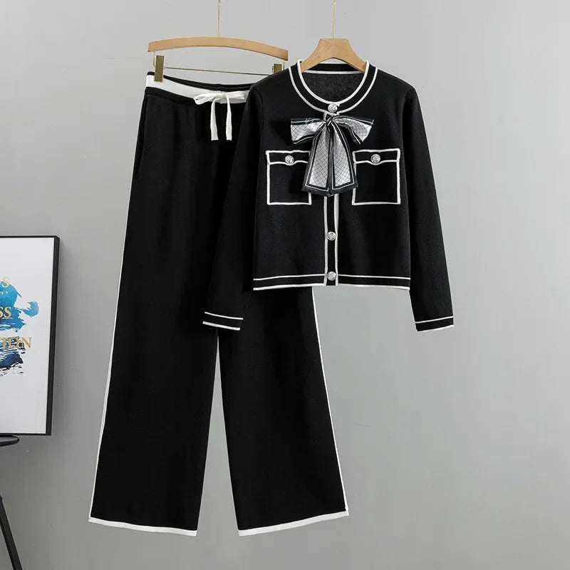 Elegant Contrast Trim Bow Knit Set