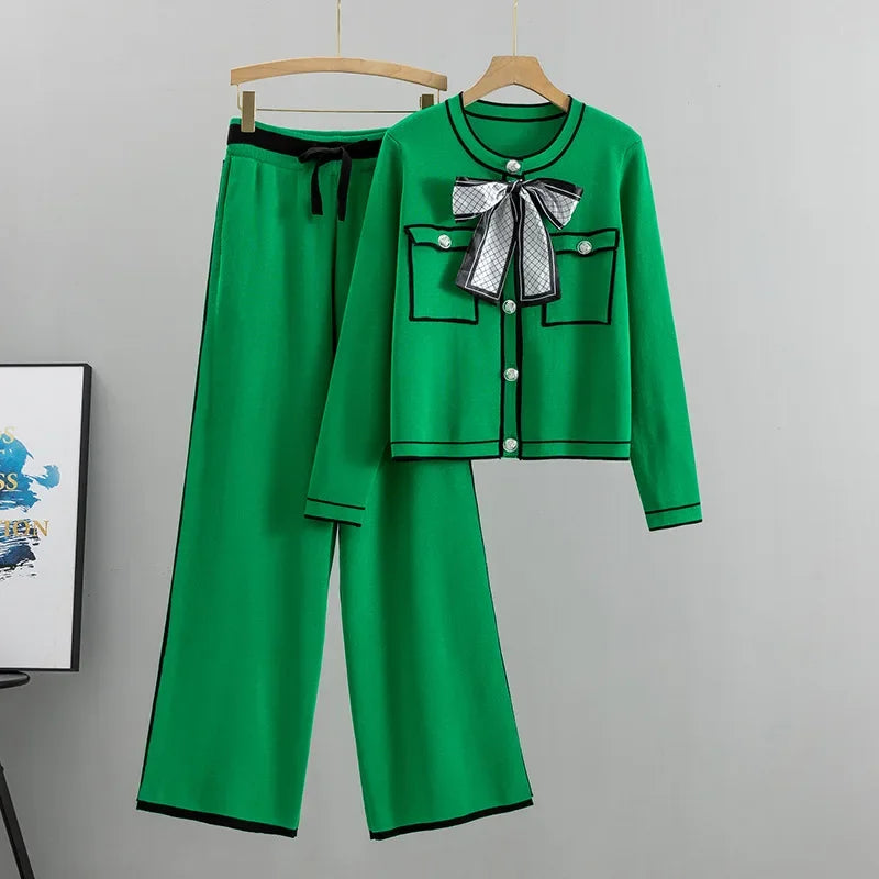 Elegant Contrast Trim Bow Knit Set