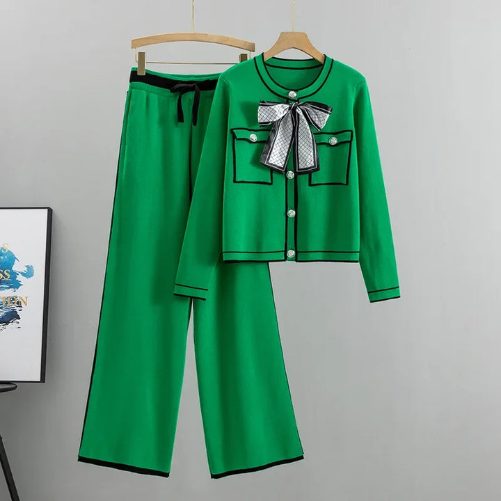 Elegant Contrast Trim Bow Knit Set