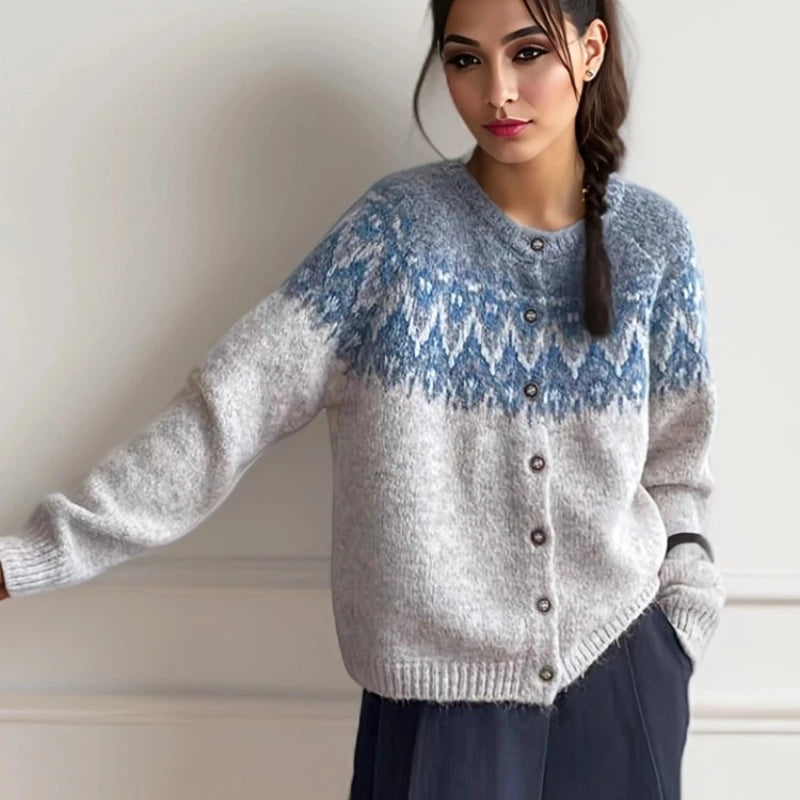 Elegant Fair Isle Knit Round Neck Cardigan