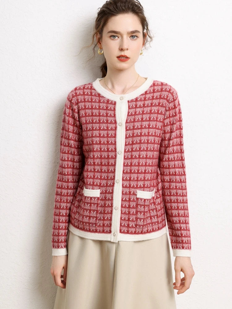 Elegant Patterned Cashmere Knit Cardigan
