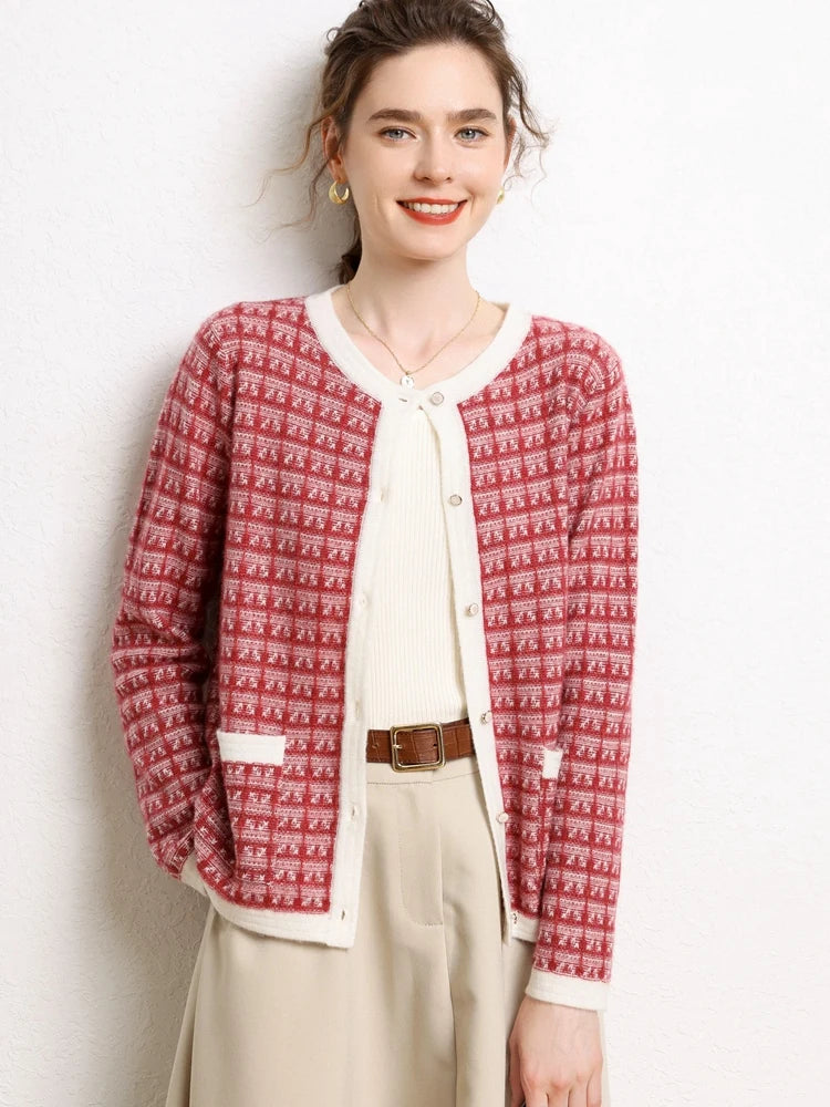 Elegant Patterned Cashmere Knit Cardigan