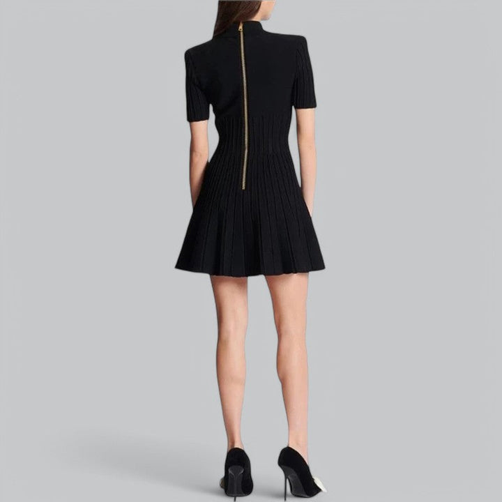 Elegant Pleated Ribbedknit Mini Dress