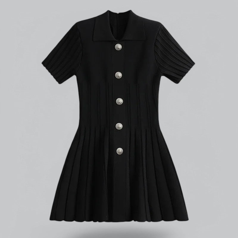 Elegant Pleated Ribbedknit Mini Dress