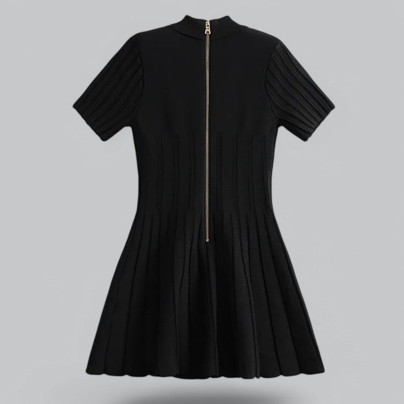 Elegant Pleated Ribbedknit Mini Dress
