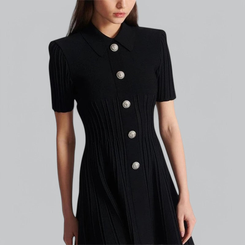 Elegant Pleated Ribbedknit Mini Dress