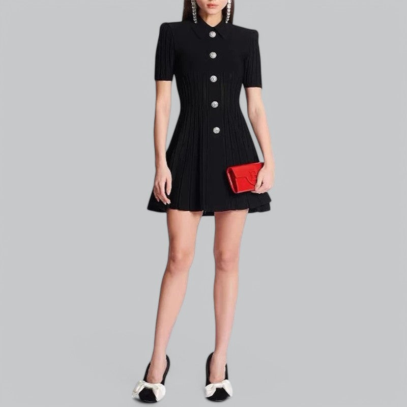Elegant Pleated Ribbedknit Mini Dress
