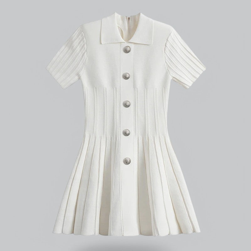 Elegant Pleated Ribbedknit Mini Dress