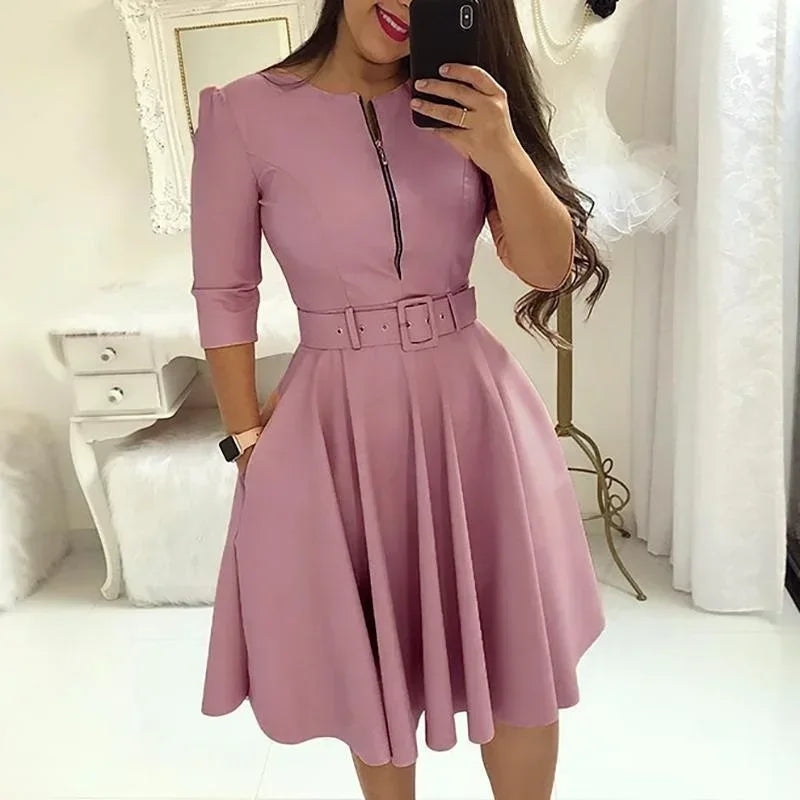 Elegant Printed A-Line Belted Dress