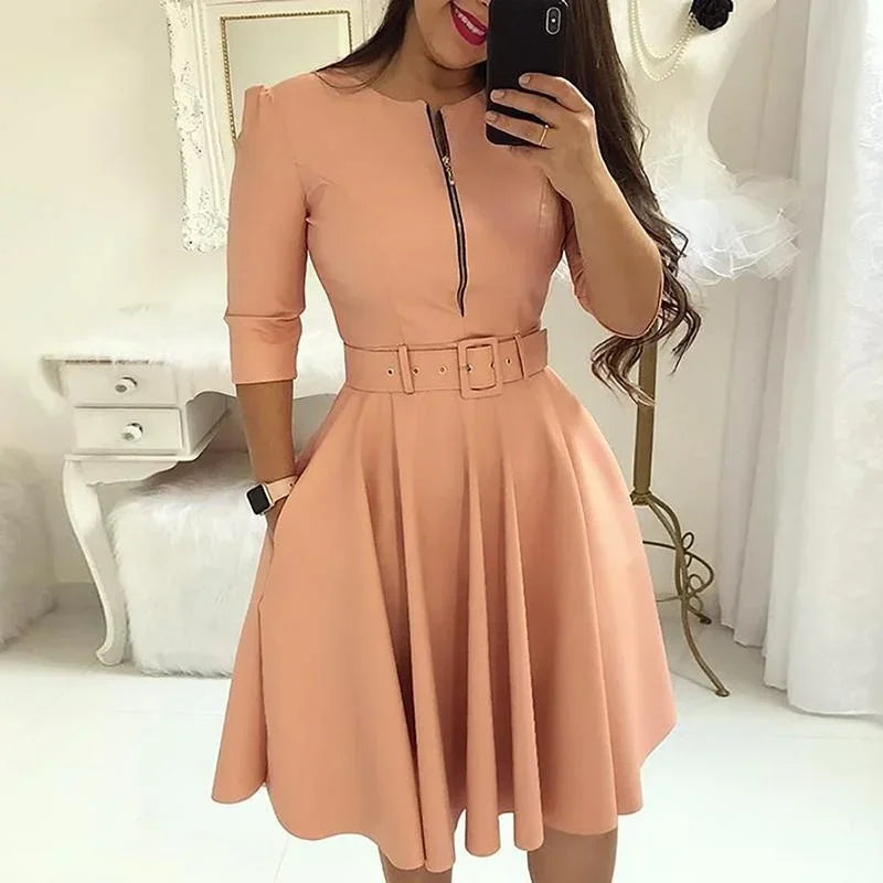Elegant Printed A-Line Belted Dress