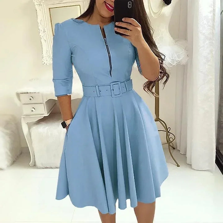 Elegant Printed A-Line Belted Dress