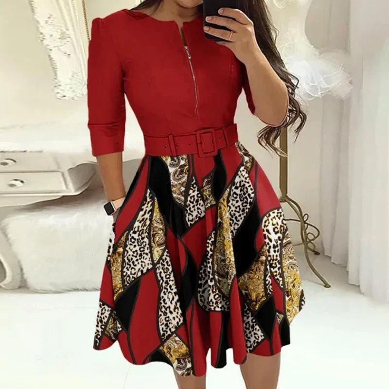 Elegant Printed A-Line Belted Dress