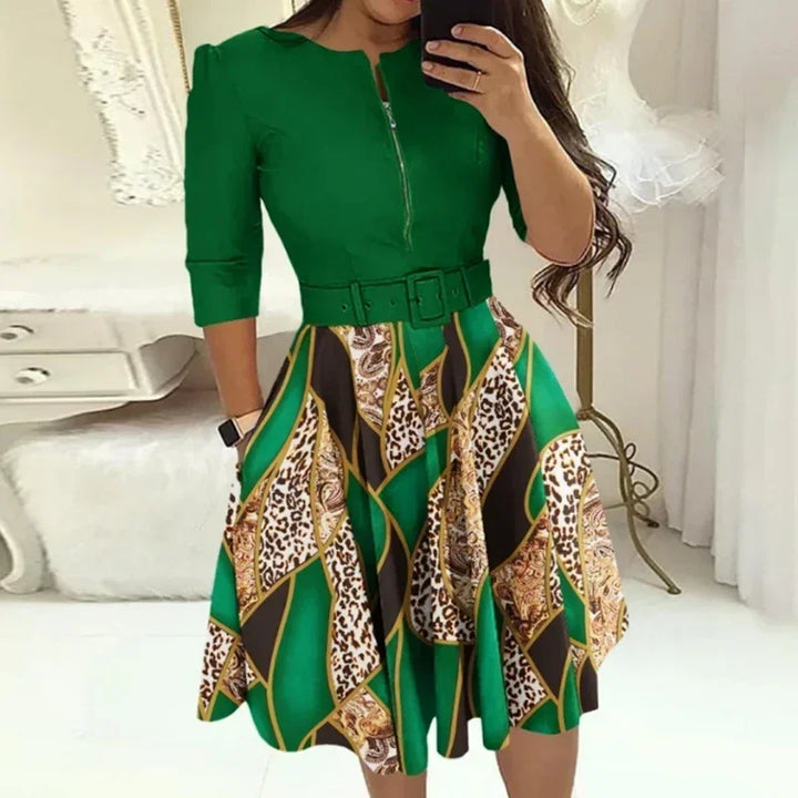 Elegant Printed A-Line Belted Dress