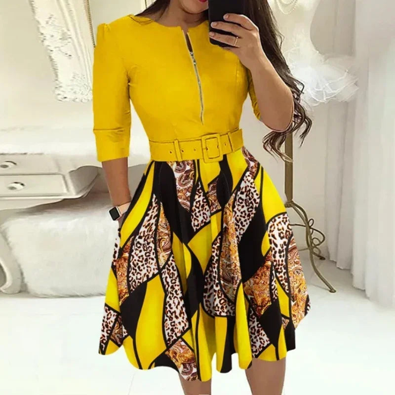 Elegant Printed A-Line Belted Dress