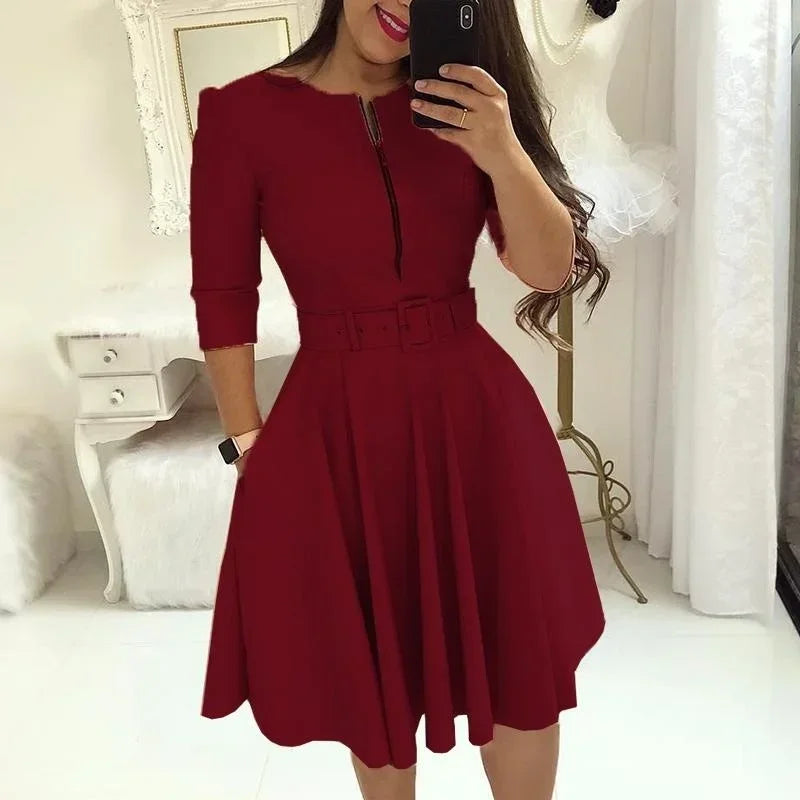 Elegant Printed A-Line Belted Dress