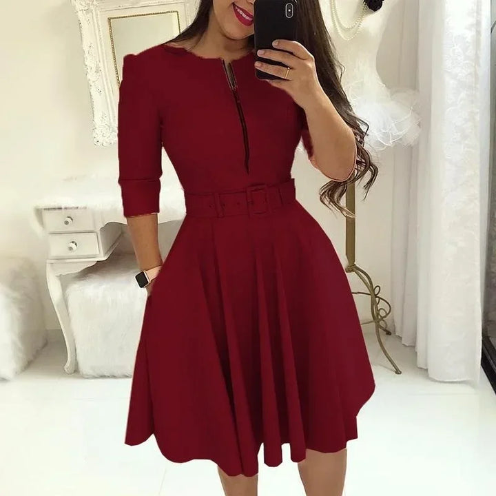 Elegant Printed A-Line Belted Dress