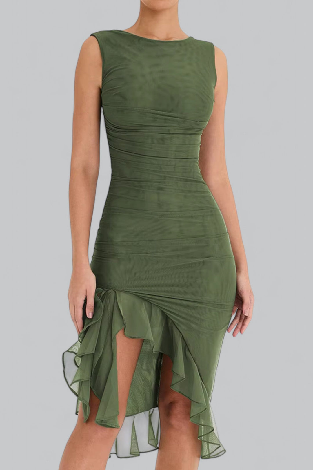 Elegant Ruffle Ruched Midi Dress